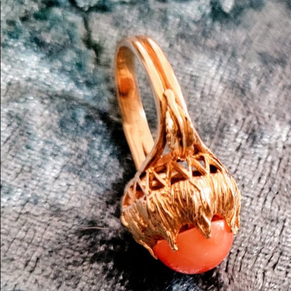 precious dumpling coral ring with enamel flower and diamond on top